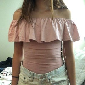 pink ruffle off the shoulder top